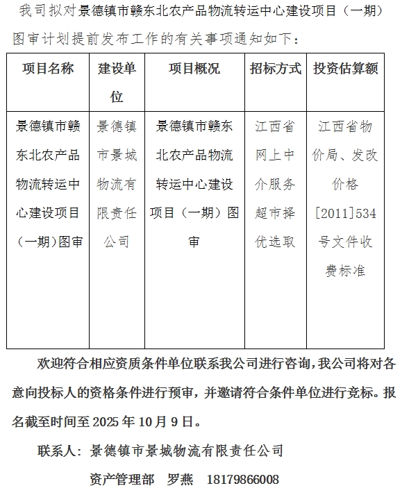 景德鎮(zhèn)市贛東北農(nóng)產(chǎn)品物流轉(zhuǎn)運(yùn)中心建設(shè)項(xiàng)目（一期）圖審計(jì)劃公告